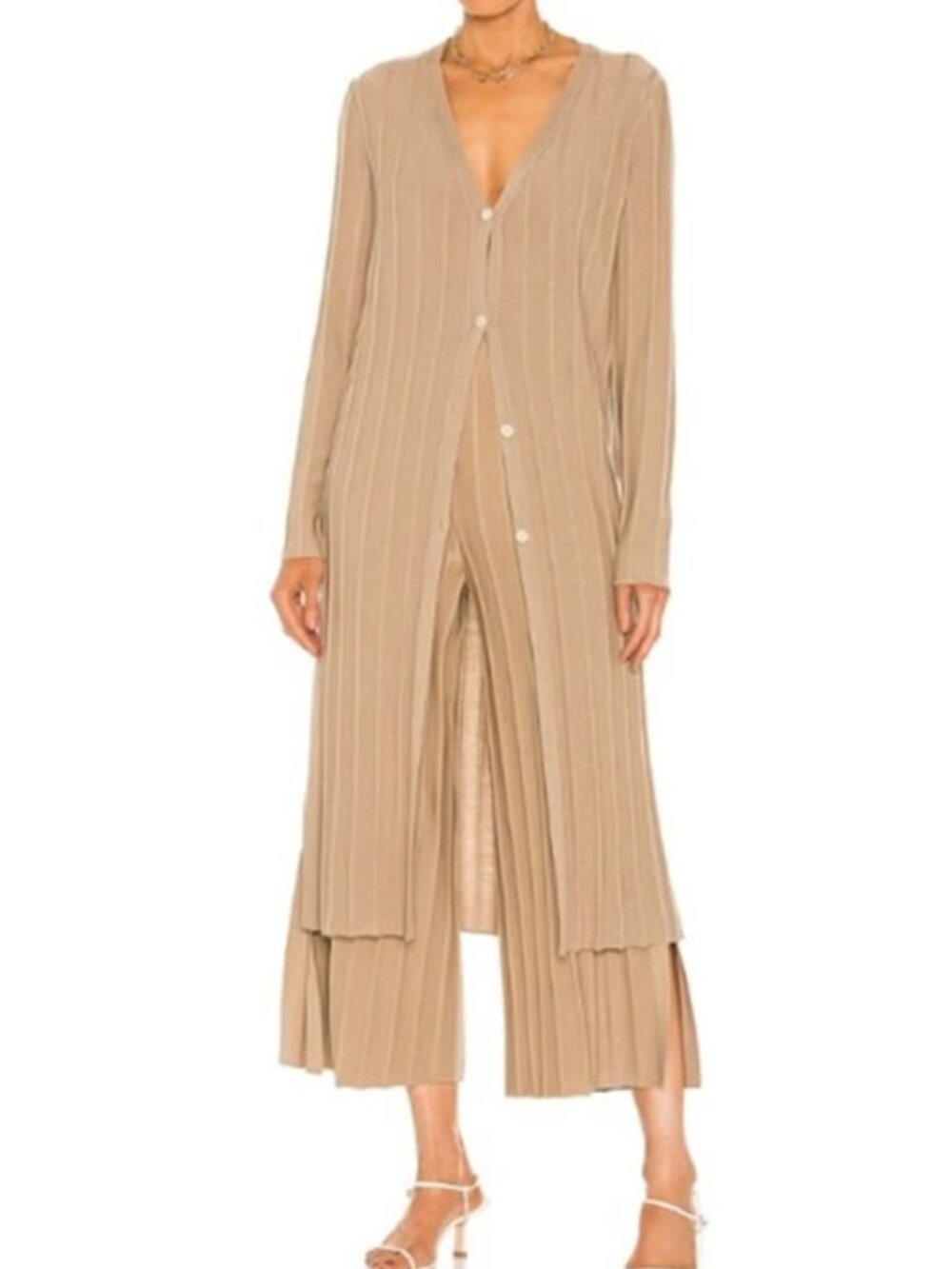 Theory Wide Ribbed Long Button-Front Side Slit Cardigan Tan merino wool